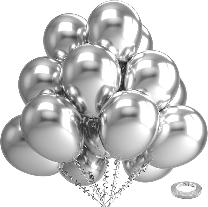 Bezente Silver Metallic Chrome Latex Balloons, 100 Pack 12 inch Silver Round Helium Balloons for ... | Amazon (US)