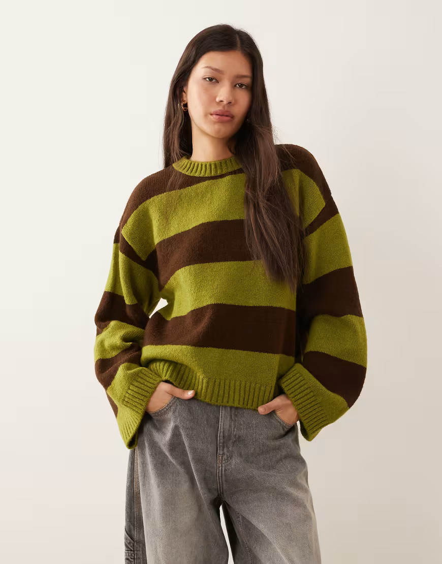 ASOS DESIGN knit sweater in olive and chocolate wide stripes-Multi | ASOS (Global)