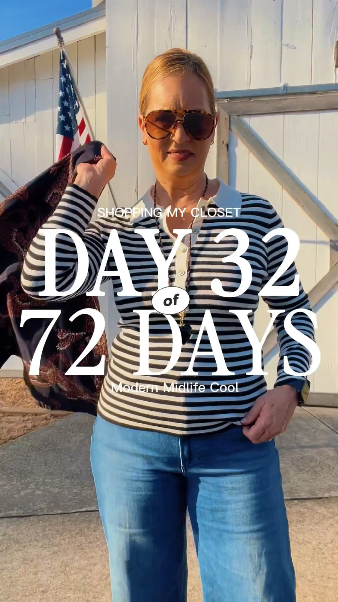 Day 32 of 72 – Shopping My Closet

This look is a perfect example of why I started this challenge. You do not need something new to feel pulled together. You need great foundation pieces and the confidence to style them differently.

Today’s outfit:
Paige Anessa cropped jeans (such a flattering, easy straight crop)
Black and white striped knit polo (polished but relaxed)
Farm Rio tiger print shacket (statement layer, but still neutral)
Birkenstock-style loafers + socks (comfort meets chic)
Roxanne Assoulin heart necklace (a little playful detail)

This is modern midlife cool in real life — Bible study, lunch, errands, work. Elevated everyday style that actually works for your day.

Denim is always my foundation. From there, I build with texture, print, and intentional layering. The tiger shacket keeps it interesting. The stripe keeps it classic. The cropped straight leg keeps it modern.

Shopping your closet is about remixing premium pieces you already love and wearing them in fresh combinations. Over 50 style isn’t about shrinking — it’s about refining.

Everything linked here is either the exact piece (if available) or a very close current option.

If you’re following along, we’re on Day 32 of 72. Almost halfway. And not a single boring outfit in sight.

⸻

Keywords:
over 50 style, midlife fashion, modern midlife cool, elevated everyday style, premium denim, Paige Anessa jeans, cropped straight leg jeans, straight leg denim, flattering jeans over 50, denim as the foundation, wardrobe remix, shopping my closet challenge, closet refresh ideas, outfit layering ideas, spring layering outfit, striped knit polo, black and white stripe top, French inspired style, classic with a twist, tiger print jacket, statement shacket, Farm Rio style, neutral print outfit, comfortable chic outfit, loafers with socks trend, Birkenstock loafers, comfortable work outfit, Bible study outfit, lunch outfit idea, errands outfit, casual polished outfit, elevated 

#LTKgrwm #LTKOver40 #LTKootd