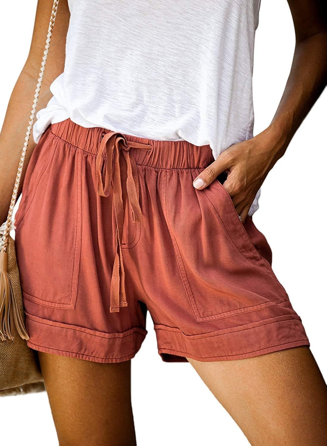 Womens Casual Drawstring Elastic Waist Comfy Summer Pure Color Shorts with Pockets | Amazon (US)