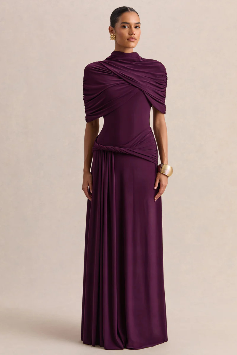 Evelisse | Plum High-Neck Maxi Dress With Short-Cape Sleeves | Club L London