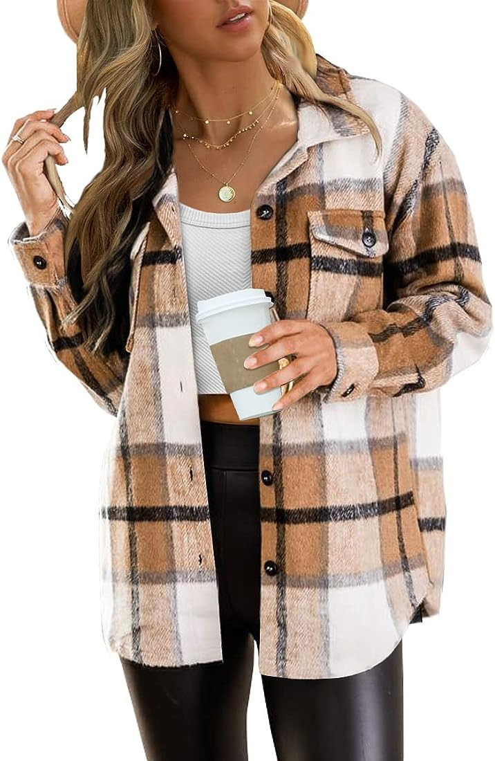 Womens Casual Tan Plaid Shacket Outfit Fall Shacket Amazon Shackets Plaid Shirt Plaid Jacket Amazon | Amazon (US)