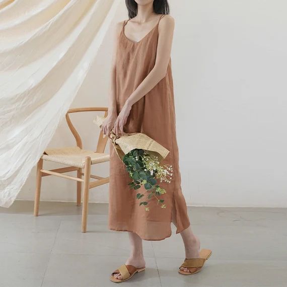 Linen Back cross dress, Linen Spaghetti Strap Dress, Natural Linen Dress, Linen Summer Dress | Etsy (CAD)