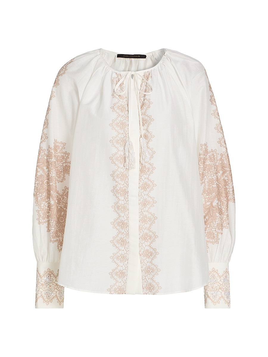 Women's Hope Lace Print Cotton-Silk Blouse - Ivory - Size XXL | Saks Fifth Avenue