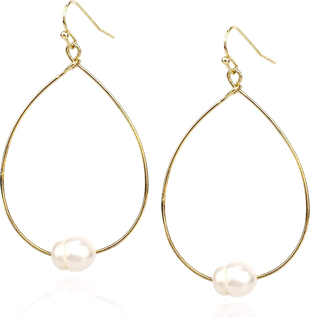 Pomina Lightweight Pearl Hoop Earrings, Gold Open Teardrop Pearl Dangle Drop Earrings for Women | Amazon (US)