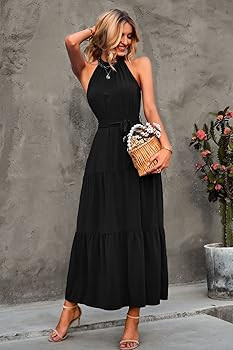 PRETTYGARDEN Women's Summer Floral Maxi Sun Dress Sleeveless Halter Neck Flowy Ruffle Hem Long Bo... | Amazon (US)