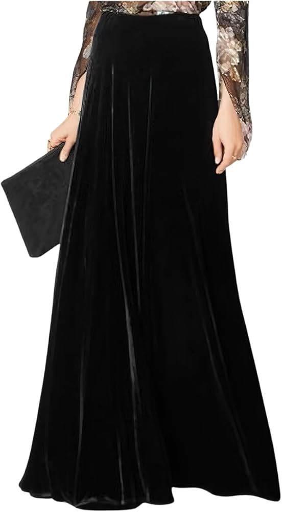 ebossy Women's Floor Length High Waist Evening Party Flowy Velvet Maxi Skirt | Amazon (US)