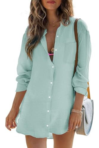 Womens Beach Cover Up Button Down Shirts Summer Cotton Gauze Tops Long Sleeve Bikini Swimsuit | Amazon (US)