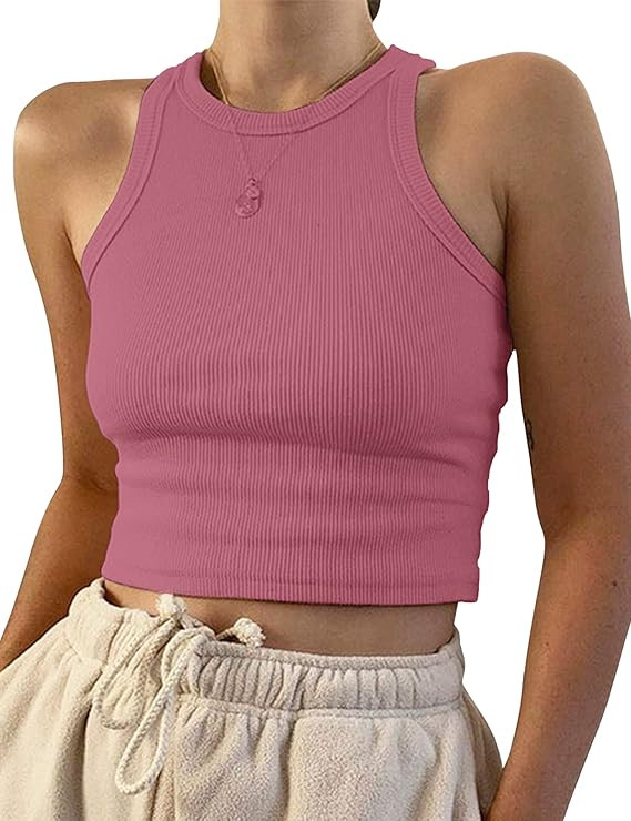 KAMISSY Women Basic Crew Neck Crop Tank Top Solid Rib-Knit Binding Crop Top | Amazon (US)