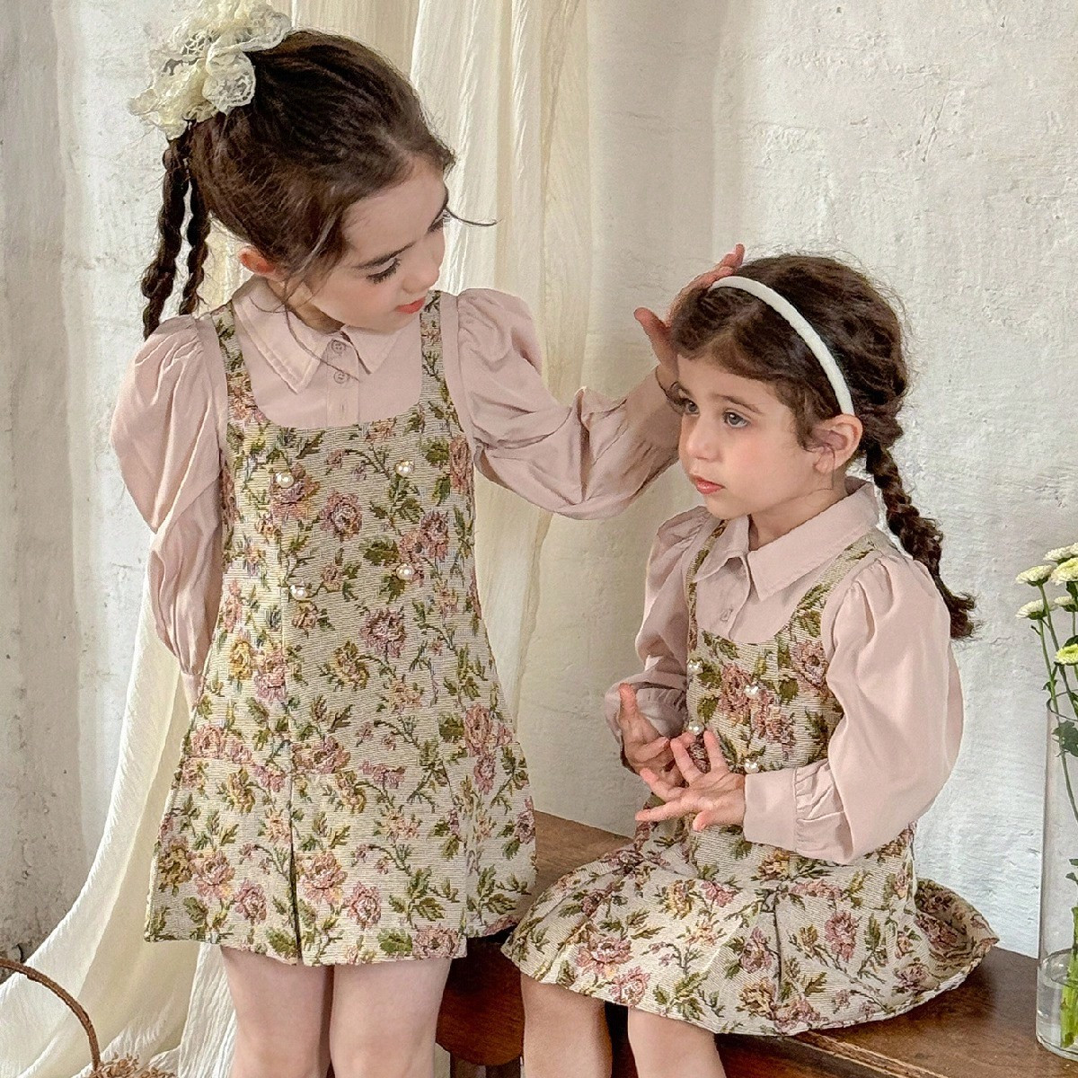 SHEIN LMoss Kids LMoss Young Girl Vintage Floral 2 In 1 Long Sleeve Shirt & Dress | SHEIN