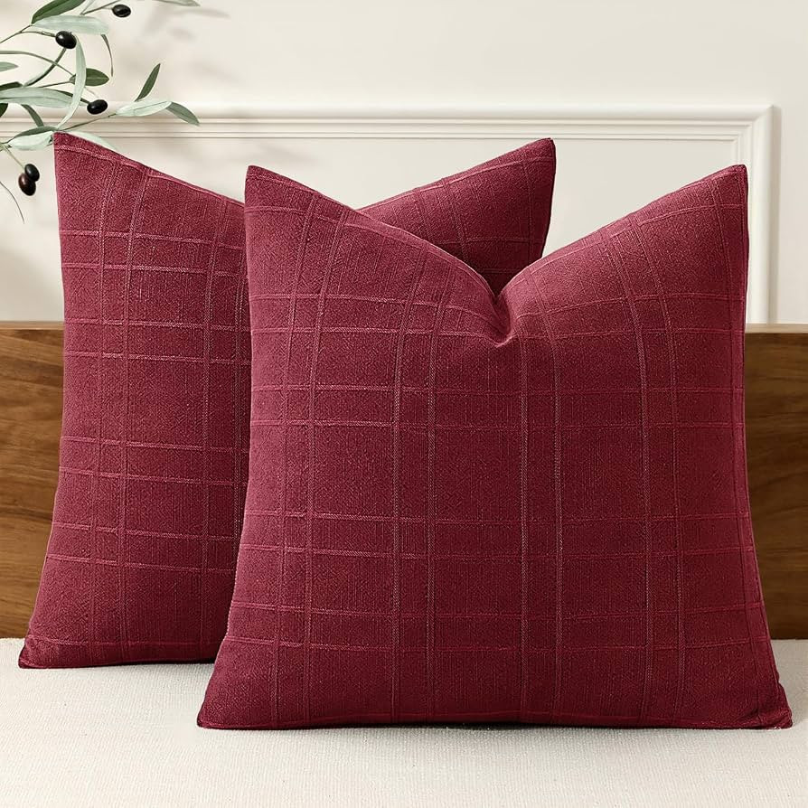 MIULEE Linen Plaid Pillow Covers Christmas Decorative 18x18 Burgundy | Amazon (US)