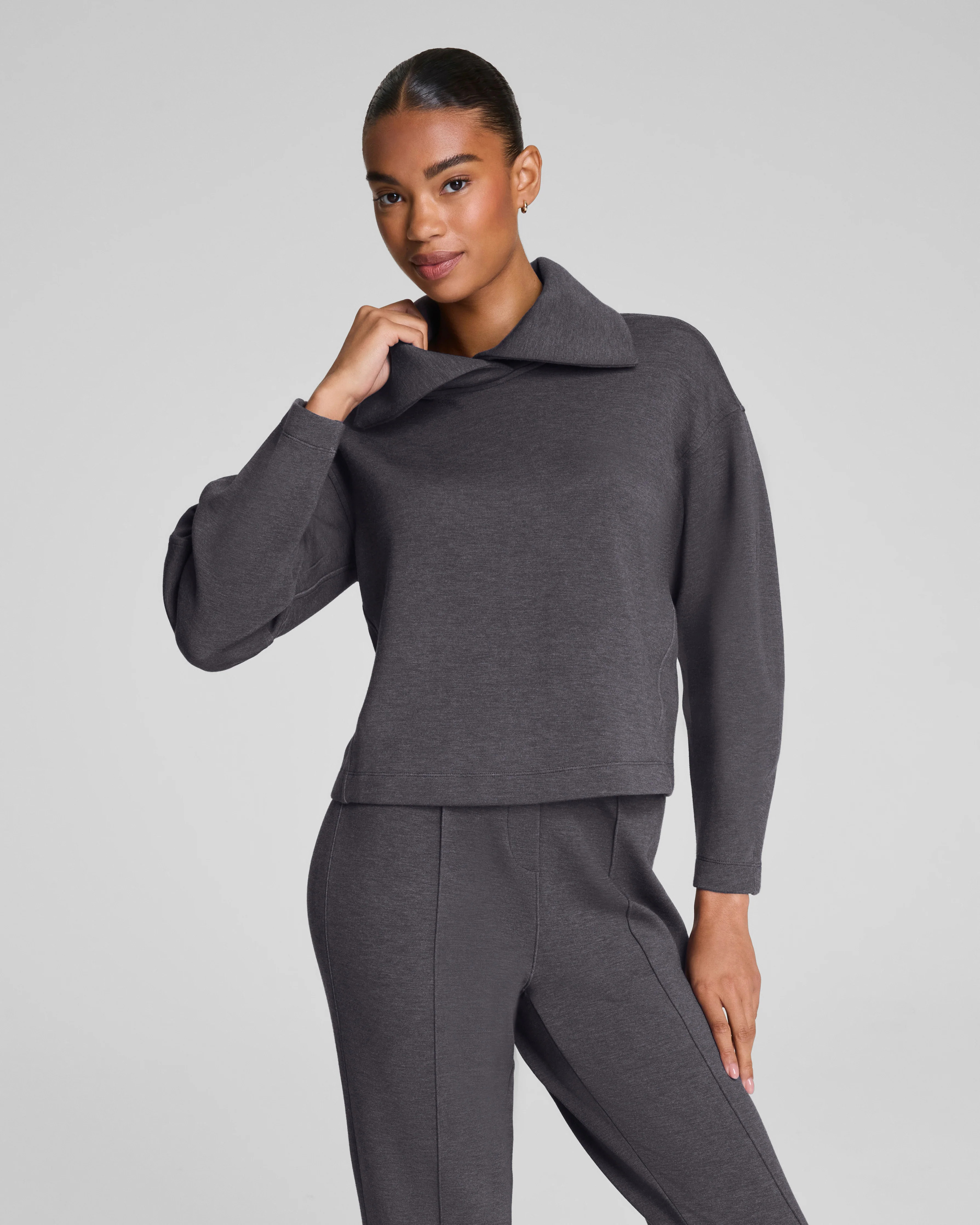 Spanx Women's SPANX AirEssentials Brushed Collared Long Sleeve Top in Heather Storm | Spanx