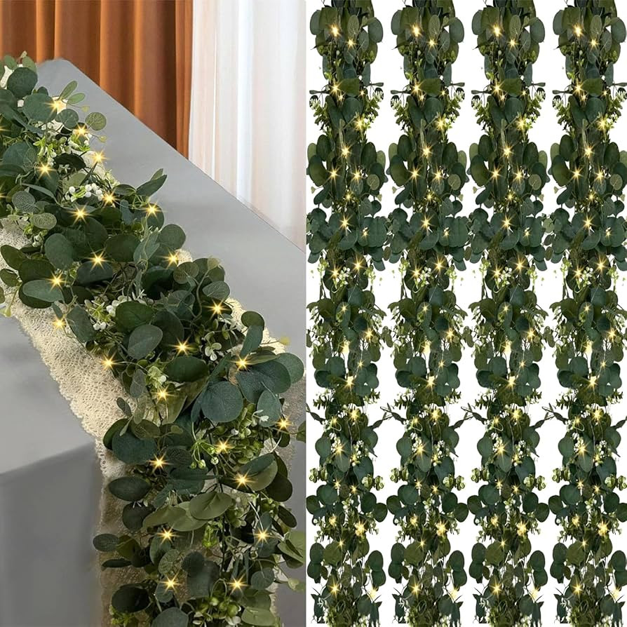 4Pcs Eucalyptus Garland with Lights, 6FT Green Flower Garland Decor, Artificial Faux Eucalyptus L... | Amazon (US)