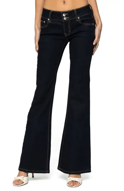EDIKTED Tilda Low Rise Flare Jeans in Indigo-Blue-Raw-Wash at Nordstrom, Size Medium | Nordstrom
