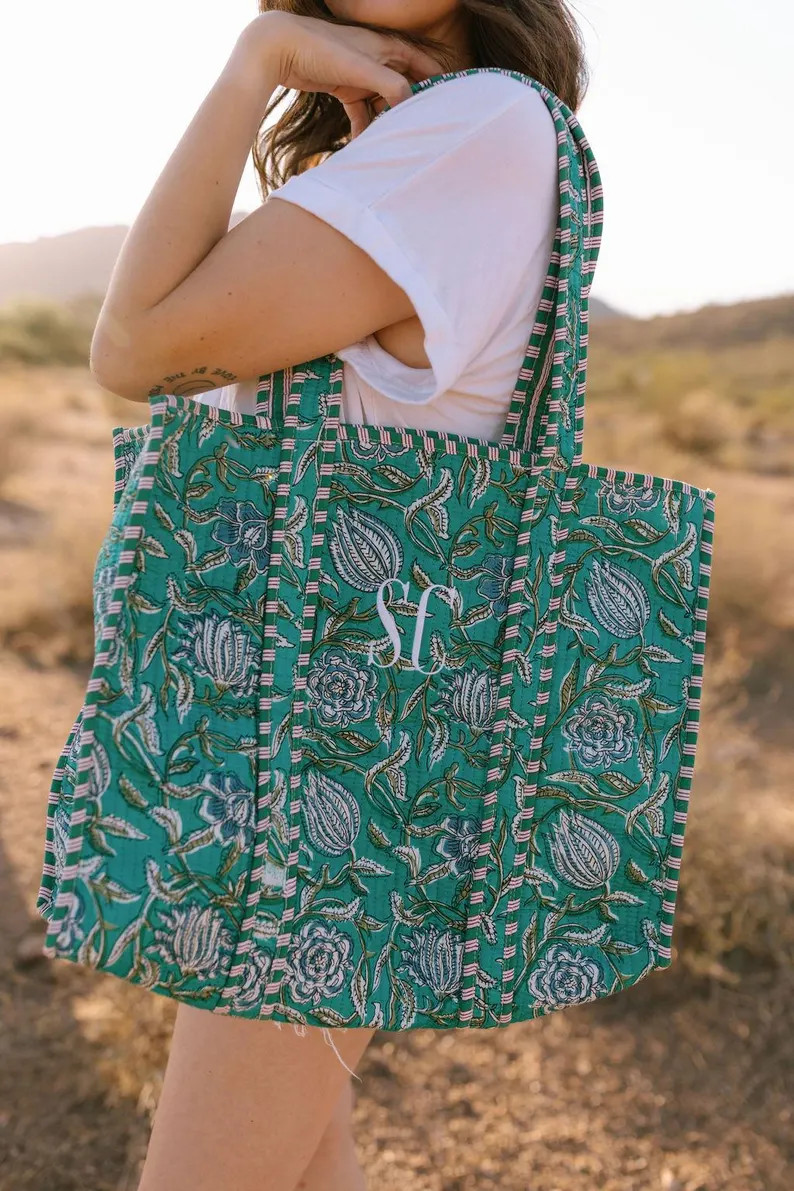 Embroidered Cotton Quilted Bag, Block Print Tote Bag for Women, Boho Travel Bag, Handmade Shoulde... | Etsy (US)