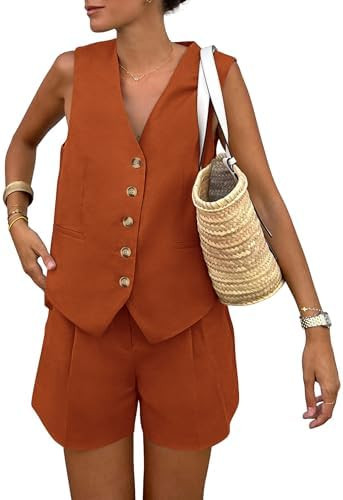 PRETTYGARDEN Conjunto feminino de 2 peças, sem mangas, combinando com botões, gola V, colete e ... | Amazon (BR)
