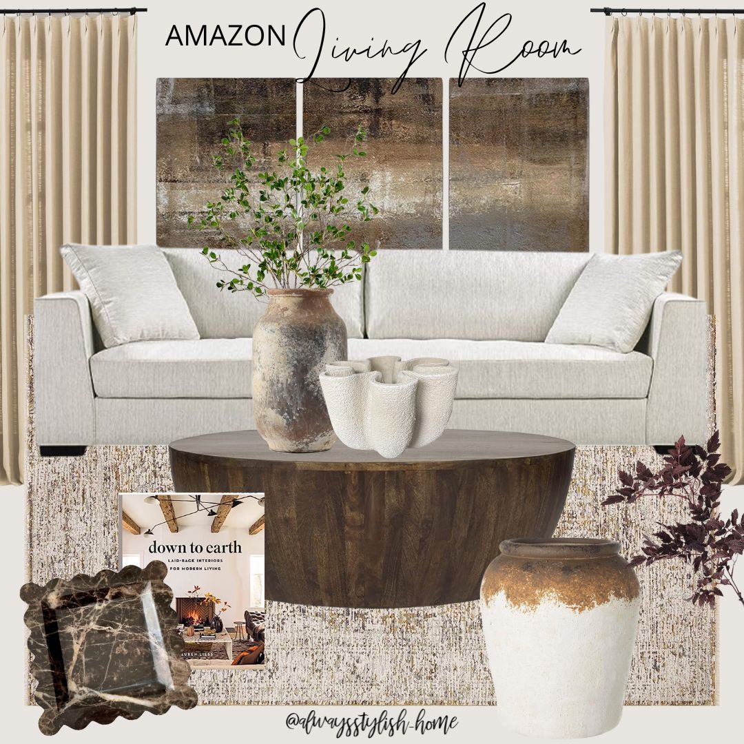 Organic Modern home decor! Living room inspo, cream sofa, brown, cream rug, wood drum coffee tabl... | Amazon (US)