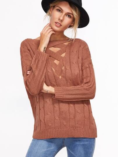 Rust Open Back Criss Cross Cable Knit Sweater | SHEIN