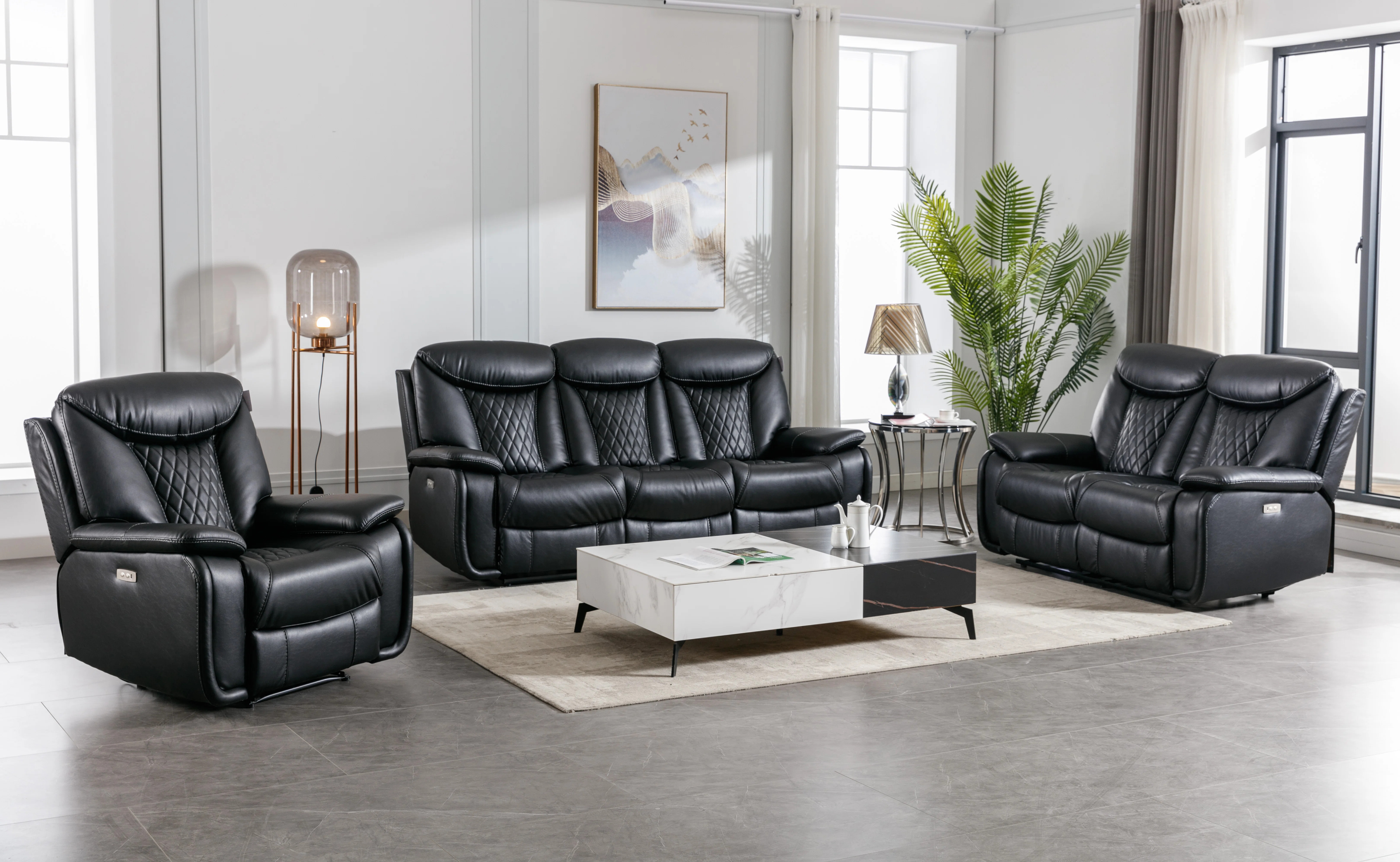 Alycea 3 - Piece Breathable Leather Cushion Back Power Reclining Living Room Set With Diamond Sti... | Wayfair North America