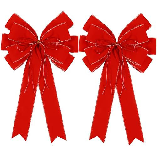 2 Pack Red Christmas Bows Outdoor Decorations,12”x20” Large Velvet Wreath Bow with Glitter String Gold Edge for Xmas Tree Topper Home Front Door Decor | Amazon (US)