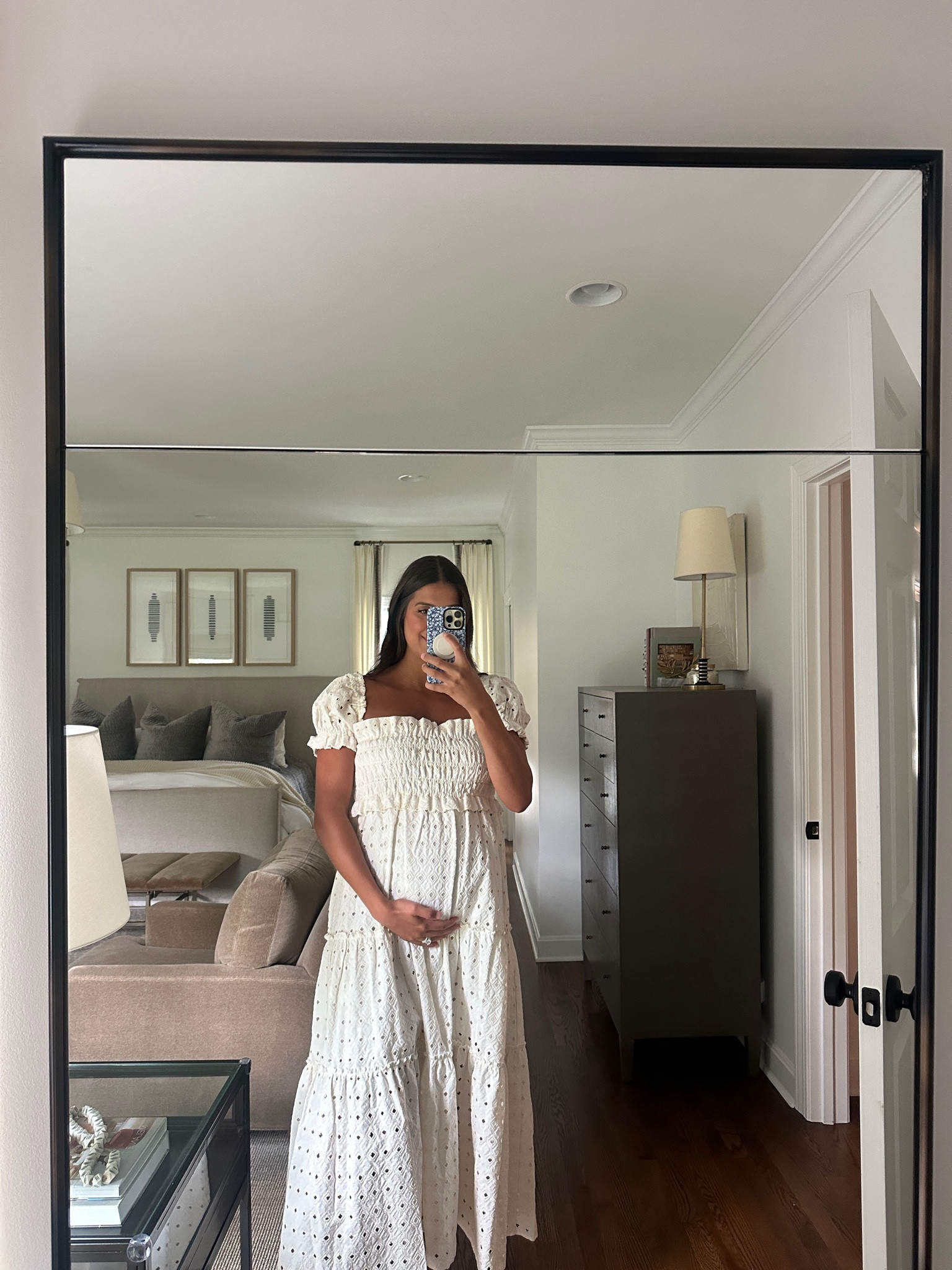 White maxi dress, smocked dress, bridal shower dress, baby shower dress, pregnancy outfit, bump outfit 

#LTKSeasonal #LTKBump