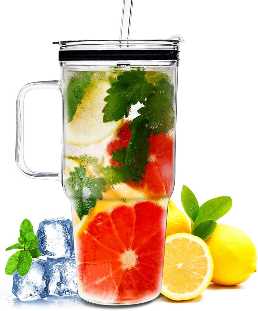 Glass Tumbler with Straws and Lids, 40oz Large Glass Coffee Tumbler with Handle, Clear Water Bott... | Amazon (US)