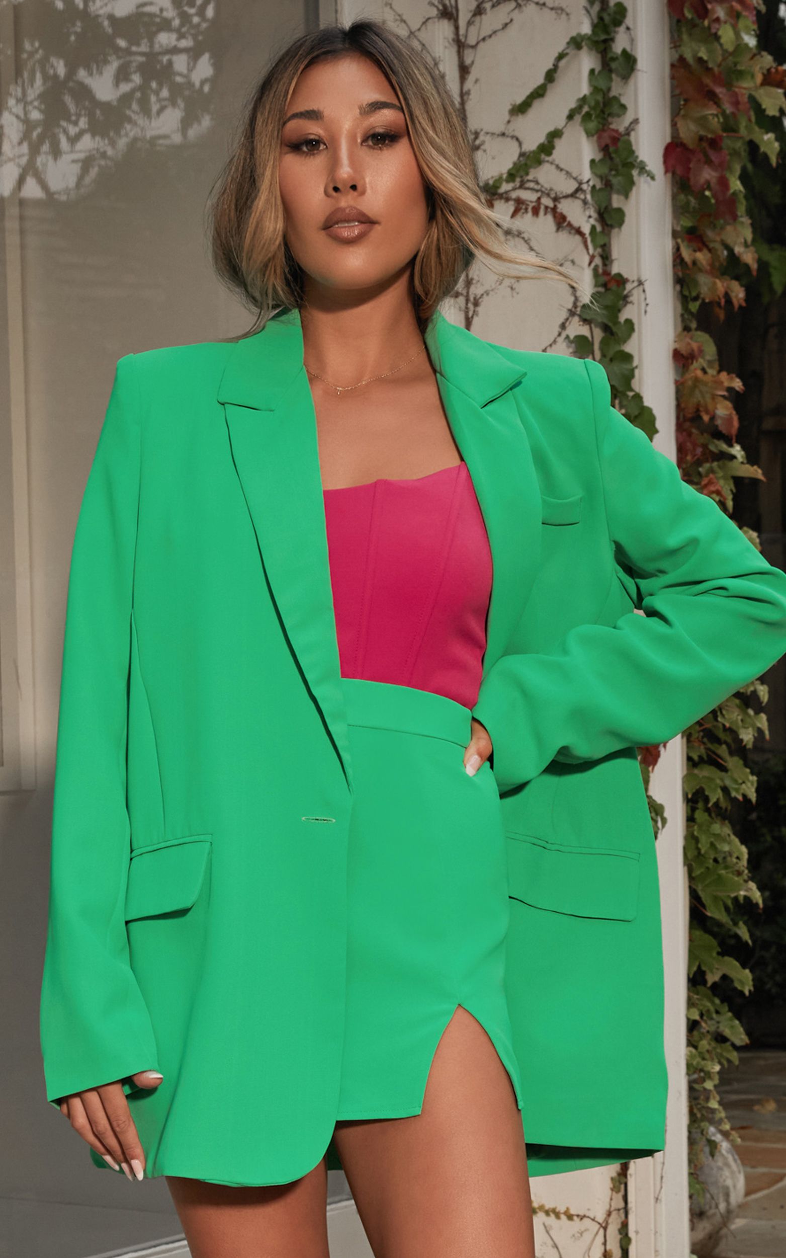 Michelle oversized plunge neckline Button Up Blazer in Green | Showpo | Showpo - deactived