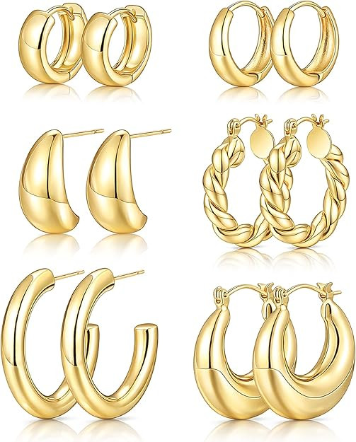 Chunky Gold Hoop Earrings for Women, 14K Gold Plated Lightweight Small Hoop Earrings Pack, Hypoal... | Amazon (US)