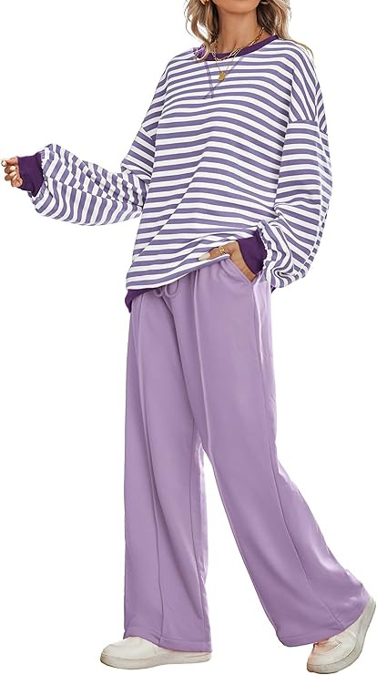 Women's 2 Piece Outfits Striped Color Block Oversized Sweatshirt Wide Leg Sweatpants Trendy Track... | Amazon (US)