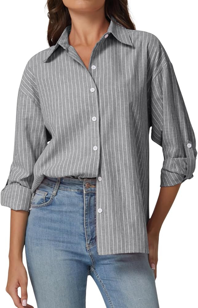 QINSEN Oversized Button Down Shirts for Women Long Sleeve Striped Casual Blouse Cotton Tops | Amazon (US)