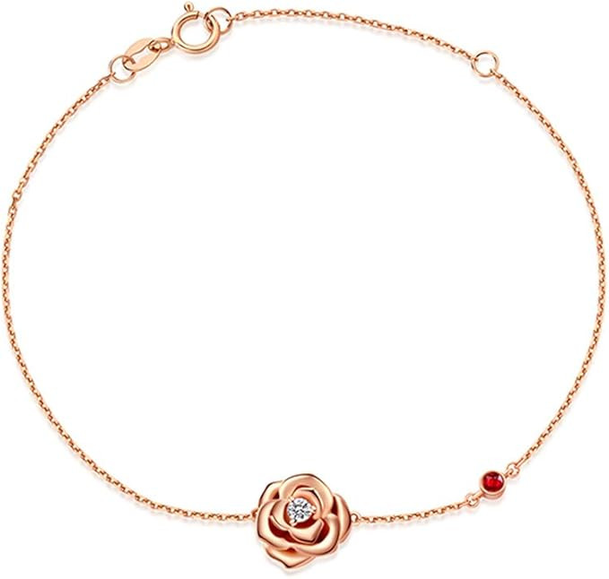 FANCIME 14k Solid Rose Gold Genuine 0.04ct Diamond And 0.037ct Red Ruby Small Rose Flower Bracele... | Amazon (US)