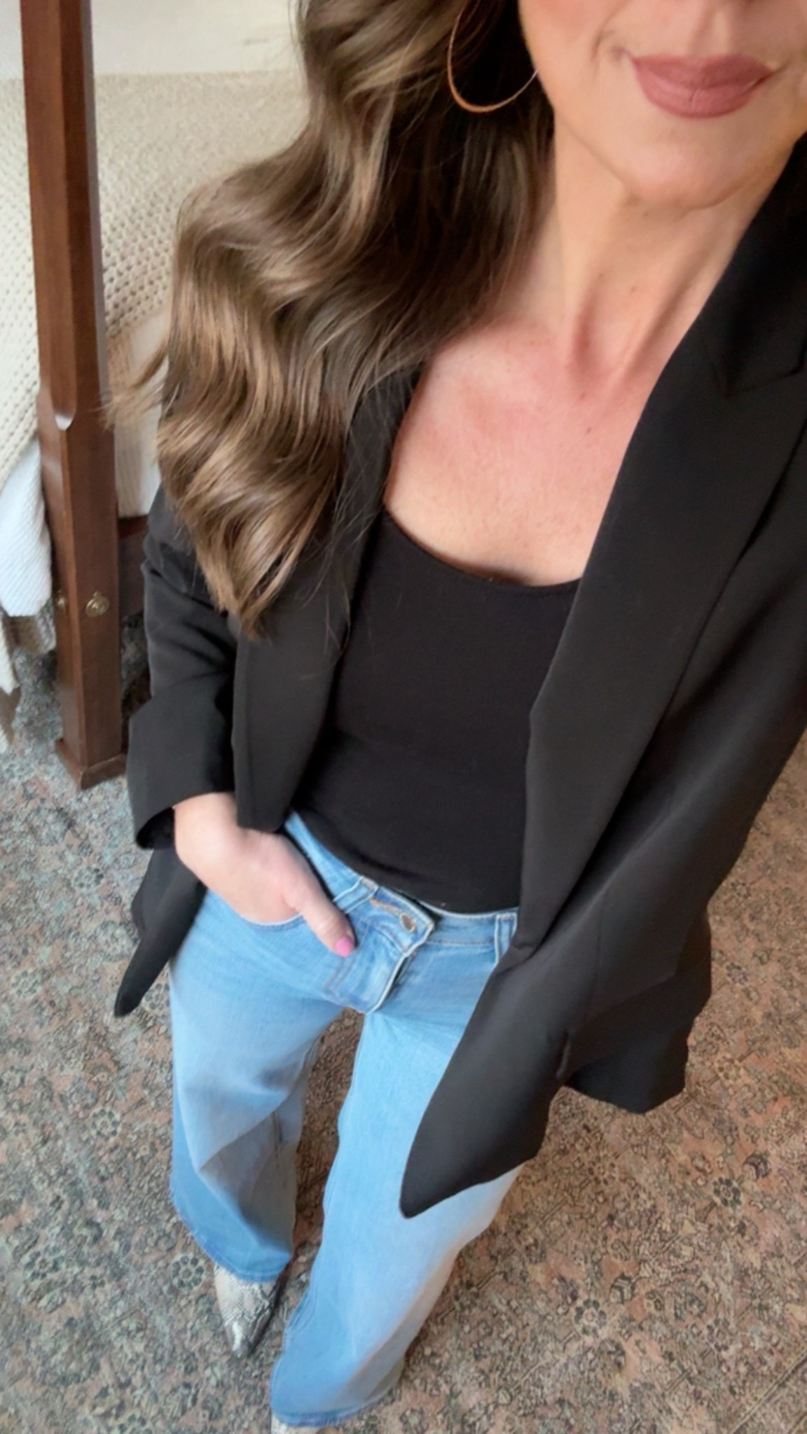 Timeless easy look! My blazer is older but found a few similar ones from the same retailer. Jeans are wide leg and stretchy.. size up in them!