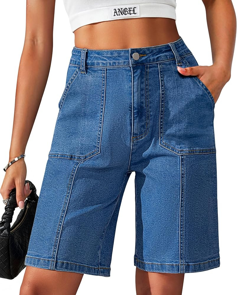 Eddoyee Bermuda Shorts for Women Jean Shorts High Waisted Jorts Baggy Stretchy Denim Long Knee Le... | Amazon (US)