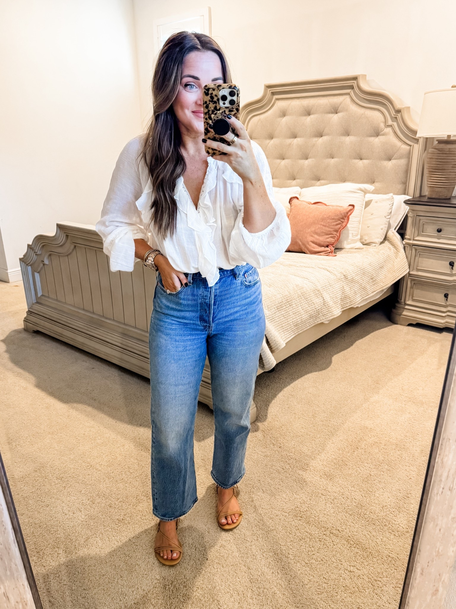 Top - M, denim - 29 (up one size) 
5’2” 145 lbs 
—
Target top | Fall top | White blouse | Dressy top | Ruffle top | Levi denim | Amazon sandals | Tie sandals 

#LTKShoeCrush #LTKWorkwear #LTKFindsUnder50