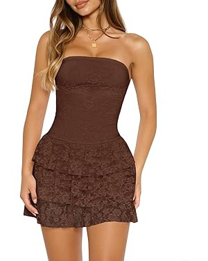 Wenrine Womens Strapless Mini Dress Sexy Lace Sleeveless Ruffle Tiered Summer Bodycon Party Club ... | Amazon (US)