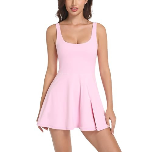 Womens Tennis Dress Built in Shorts & Bra Golf Active Dress Workout Athletic Dress with Pockets,Pink,L | Amazon (US)