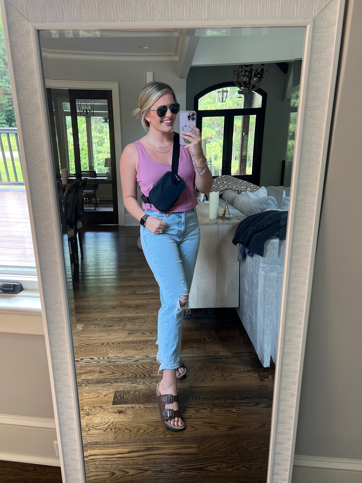 Sunglasses BOGO free! My fave aviators! So so comfy! 
Tank tts - M 
Jeans tts - 29 reg 
Birk dupes - new color. Love! TTS & SO comfy! 
Lululemon belt bag dupe. 10/10 


#LTKshoecrush #LTKsalealert #LTKunder50