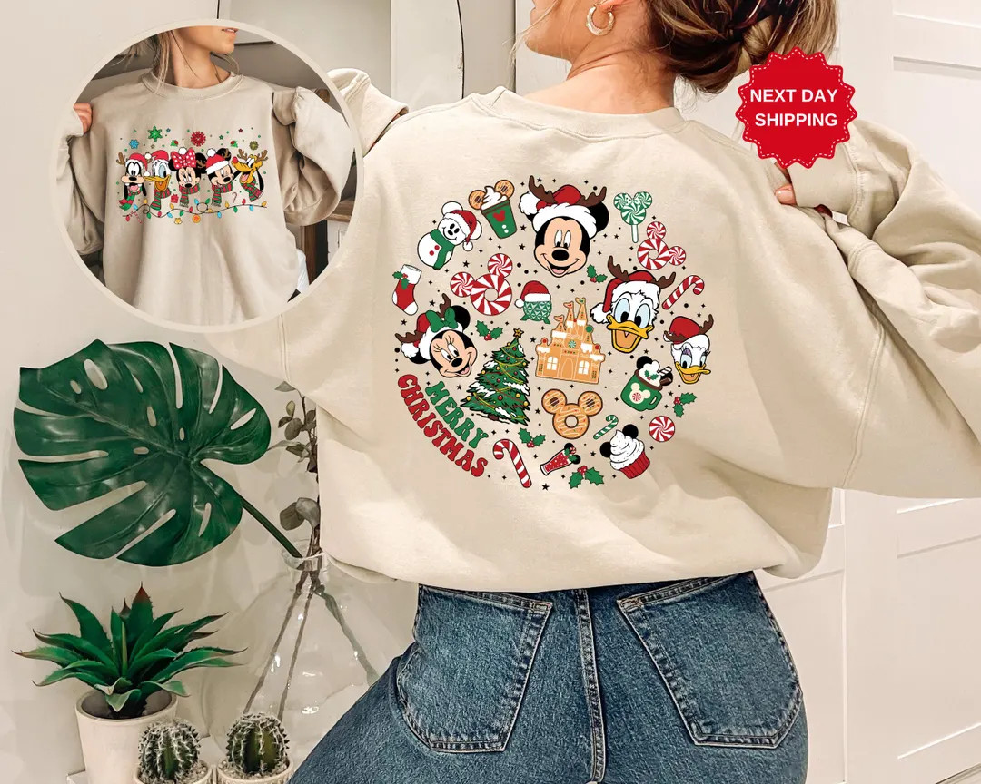 2 Side Disney Merry Christmas Sweatshirt, Mickey and Friends Xmas Hoodie, Mickey Xmas Snacks Tee,... | Etsy (US)