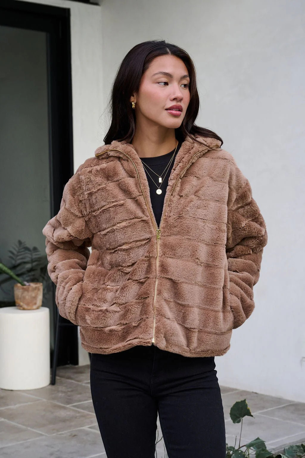 Brown Faux Fur Zip Collared Jacket | Magnolia Boutique