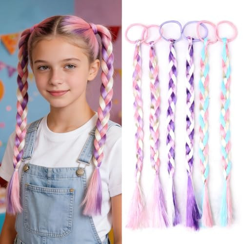 Colorful Ponytail Braids Extension Rainbow Braided Hair Extension with Rubber Band Synthetic Hair Piece for Daily Wear, Holidays Party Festival Christmas Halloween Costumes Crazy Days Hair 6pcs/lot | Amazon (US)