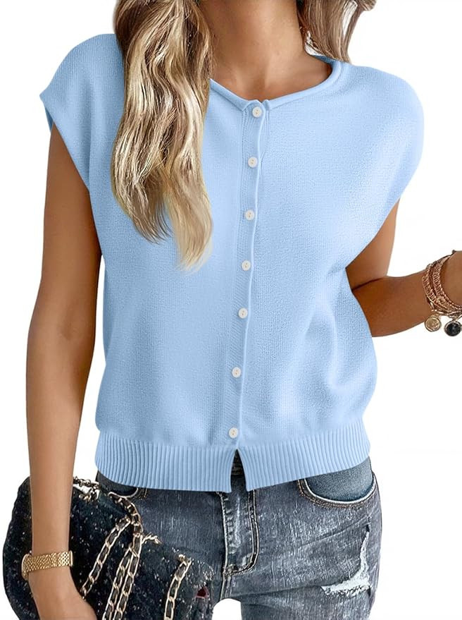 Cicy Bell Womens Cap Sleeve Sweater Vest Lightweight Casual Knit Tank Tops Trendy Crew Neck Butto... | Amazon (US)