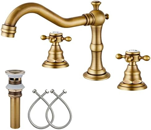 Bathroom Sink Faucet Widespread Double Cross Knobs Antique Brass 3 Hole Mixing Tap Deck Mount with P | Amazon (US)