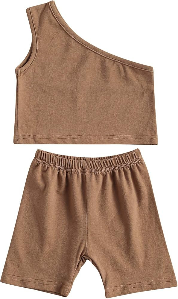 Toddler Baby Girls Clothes One Shoulder Solid Color Tank Top Vest+Shorts Set 2Pcs Casual Summer O... | Amazon (US)