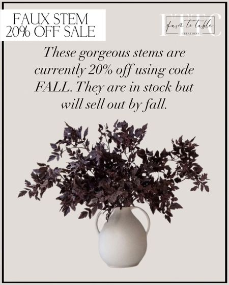 Faux Stem Sale. Follow @farmtotablecreations on Instagram for more inspiration. Afloral Sale. Plum Fake Cimicifuga Ramosa Leaves. Fall Foliage. Double Handled Vase. Use code FALL20 for 20% off  

#LTKunder50 #LTKFind #LTKsalealert