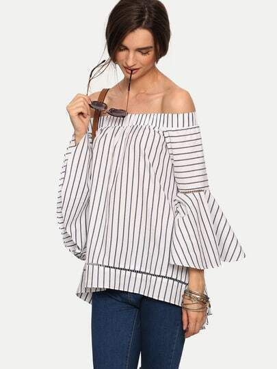 Multicolor Striped Off The Shoulder Bell Sleeve Blouse -SheIn(Sheinside) | SHEIN