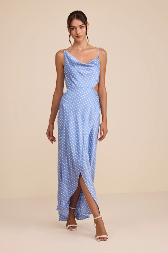 Light Blue Polka Dot Satin Asymmetrical Dress | Blue Wedding Guest Dress Blue | Lulus