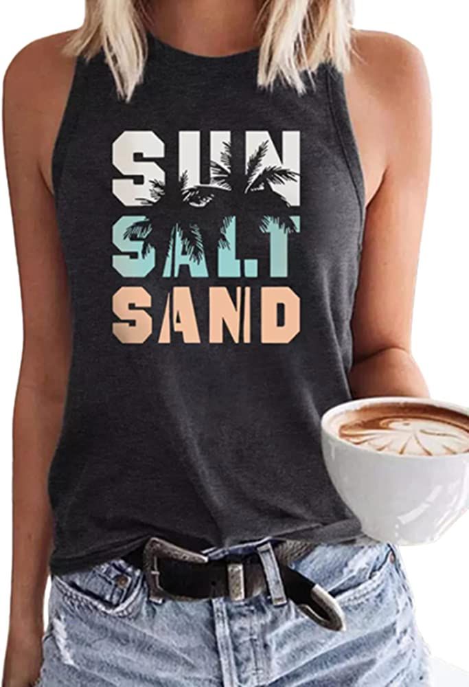 Sun Salt Sand Beach Coconut Tree Tank for Women Summer Casual Sleeveless Vacation Beach Workout Tank | Amazon (US)
