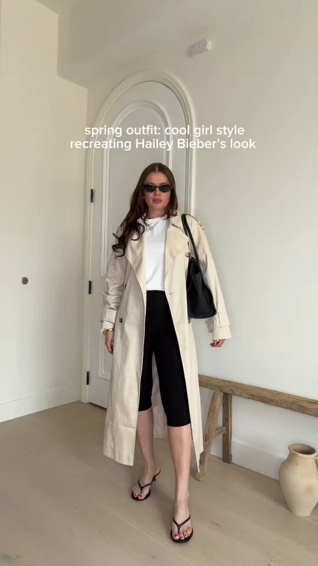 Styling capri for spring 🌸 style tip: if trench coat looks bulky tie it at the back for a slimmer look plus the belt stays secured and won’t move or come out of the loops 
Wearing trench coat size 2, capri size S and t shirt size M for an oversized look, the bag is The Row Marlo 14. I was trying to find CBK sunglasses and the closest one I found are these Amazon glasses.
#springoutfits #springoutfit #coolgirl #coolgirlstyle #casualoutfit #trenchcoat #capri #sandals 

#LTKSaleAlert #LTKgrwm #LTKootd