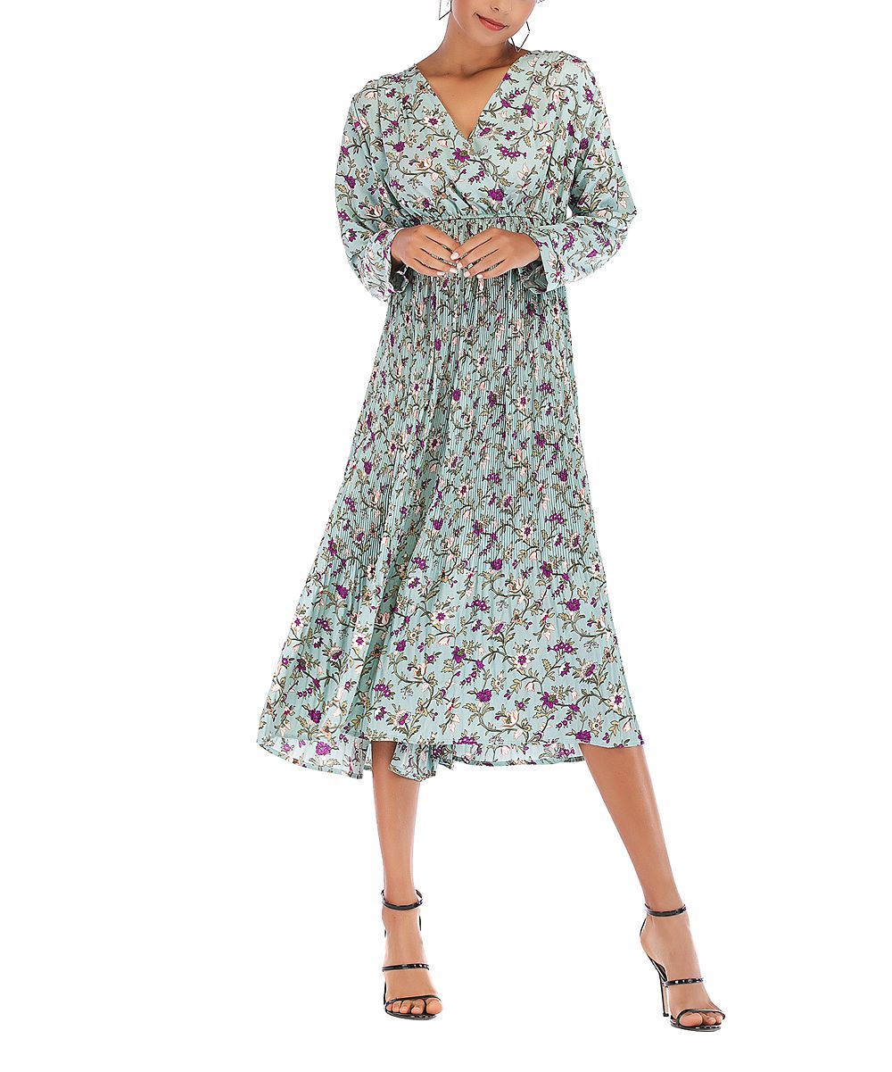 Green Floral Long-Sleeve Surplice Chiffon Midi Dress - Women | Zulily