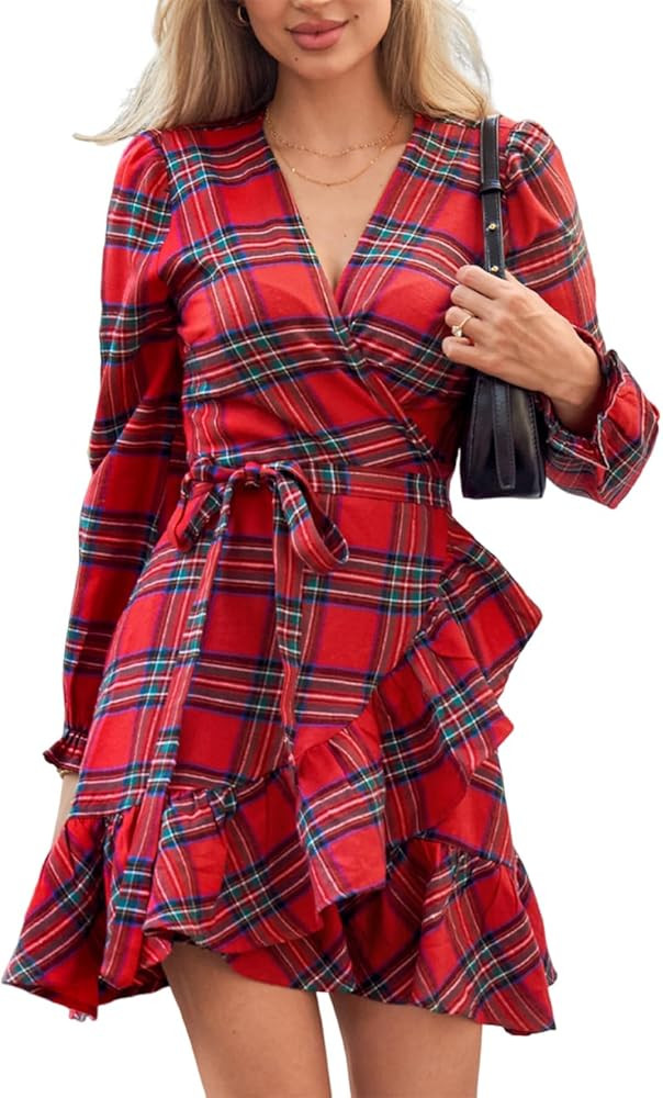 CUPSHE Women Red Plaid Fall Dress V Neck Ruffle Cuff Long Sleeve Side Tie Wrap Casual Mini Autumn... | Amazon (US)